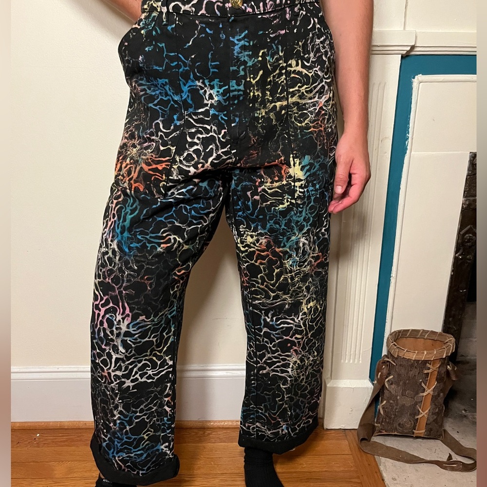 Women's Black Multicolor Marble Print Wide-Leg Pants
